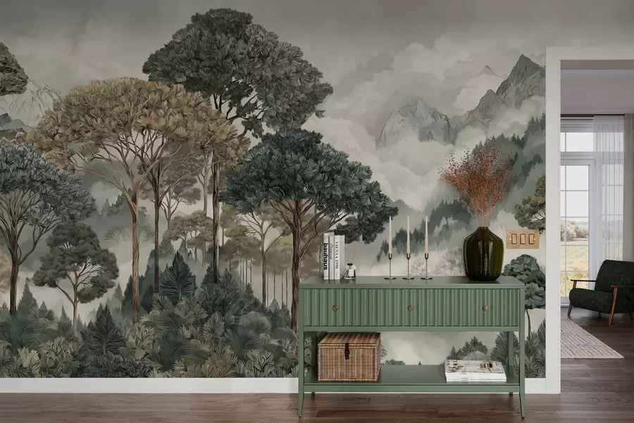 τοιχογραφίες Ορεινό τοπίο με δάσος σε απαλές αποχρώσεις w05410v1