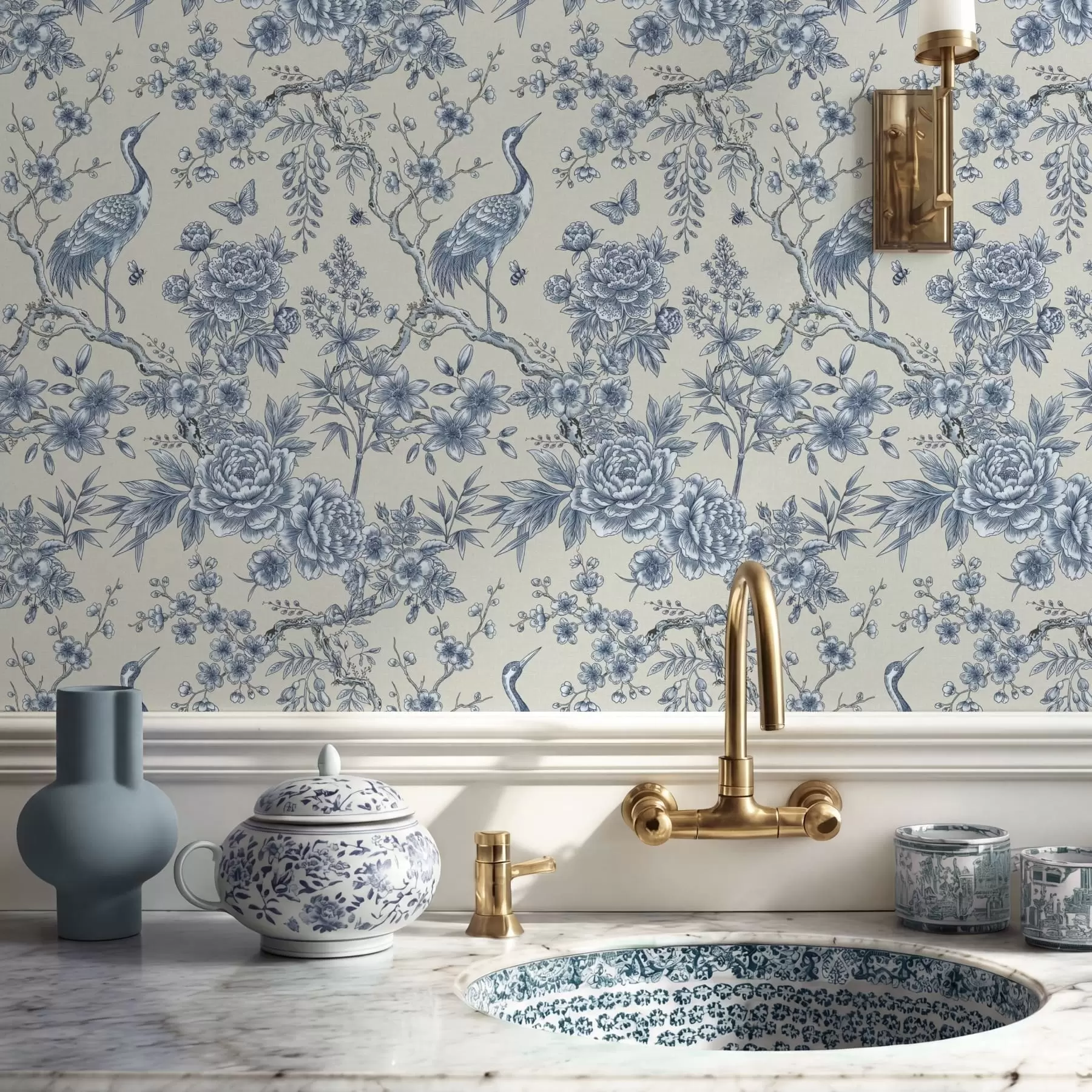 τοιχογραφίες Μπλε διακοσμητικό με λουλούδια, πουλί και κλαδιά a01132