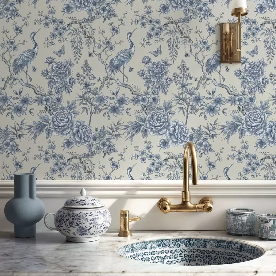 τοιχογραφίες Μπλε διακοσμητικό με λουλούδια, πουλί και κλαδιά a01132