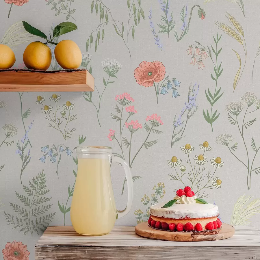 τοιχογραφίες Λεπτό μοτίβο με αγριολούλουδα σε ανοιχτόχρωμο φόντο a01152