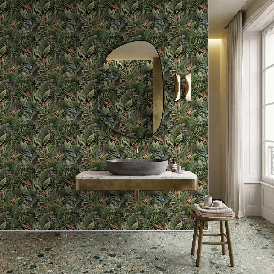 τοιχογραφίες Τροπικά φύλλα με λουλούδια σε σκούρο φόντο a01153