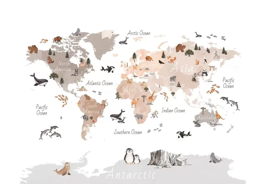 τοιχογραφίες Ένας χάρτης σε μπεζ χρώμα, σε στυλ ακουαρέλας, με ζώα, φυτά και αρχιτεκτονικά στοιχεία. Επιγραφές στα αγγλικά c00009env3