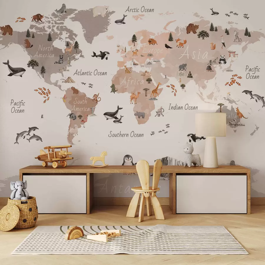 τοιχογραφίες Ένας χάρτης σε μπεζ χρώμα, σε στυλ ακουαρέλας, με ζώα, φυτά και αρχιτεκτονικά στοιχεία. Επιγραφές στα αγγλικά c00009env3