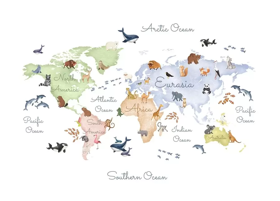 τοιχογραφίες Ένας έγχρωμος χάρτης σε στυλ ακουαρέλας με ζώα. Επιγραφές στα αγγλικά c00012en