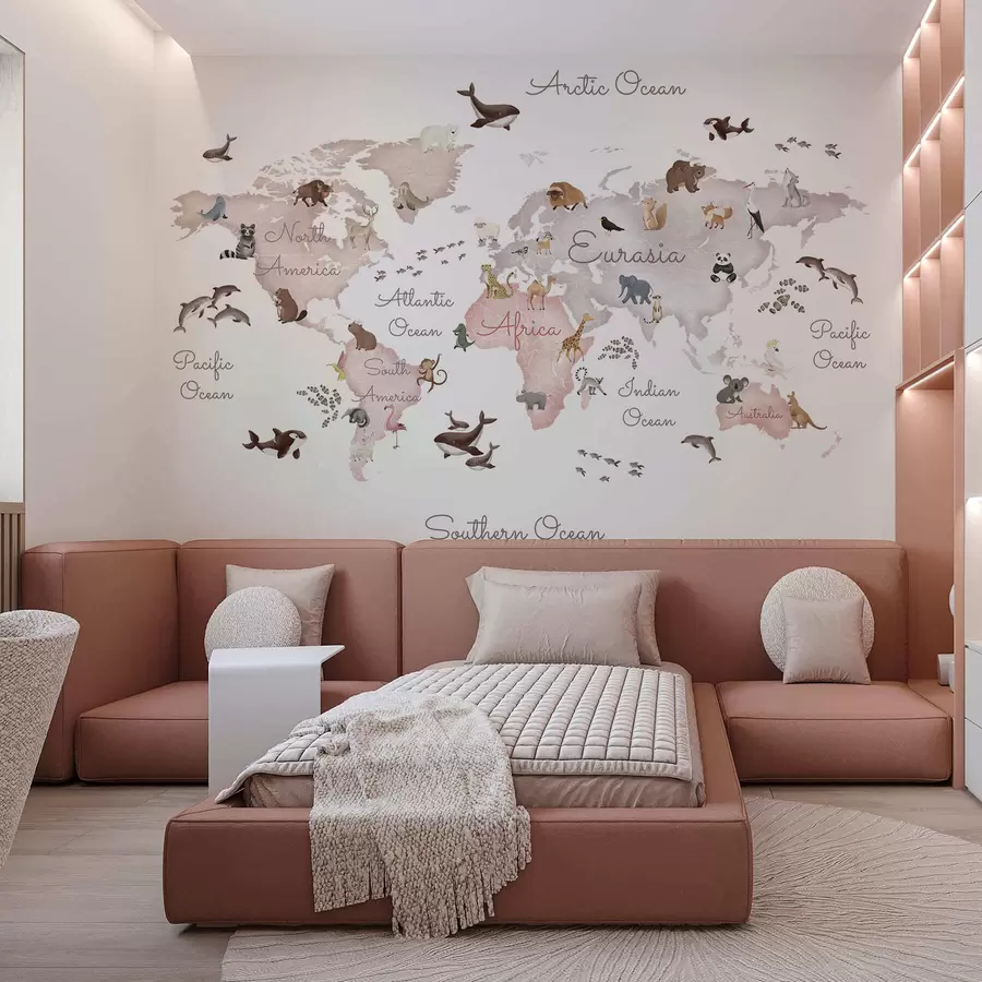 τοιχογραφίες Ένας χάρτης σε μπεζ χρώμα, σε στυλ ακουαρέλας, με ζώα. Επιγραφές στα αγγλικά c00012env3