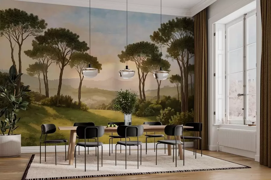 τοιχογραφίες Τοπίο με δέντρα στο ζεστό φως του ηλιοβασιλέματος w05122