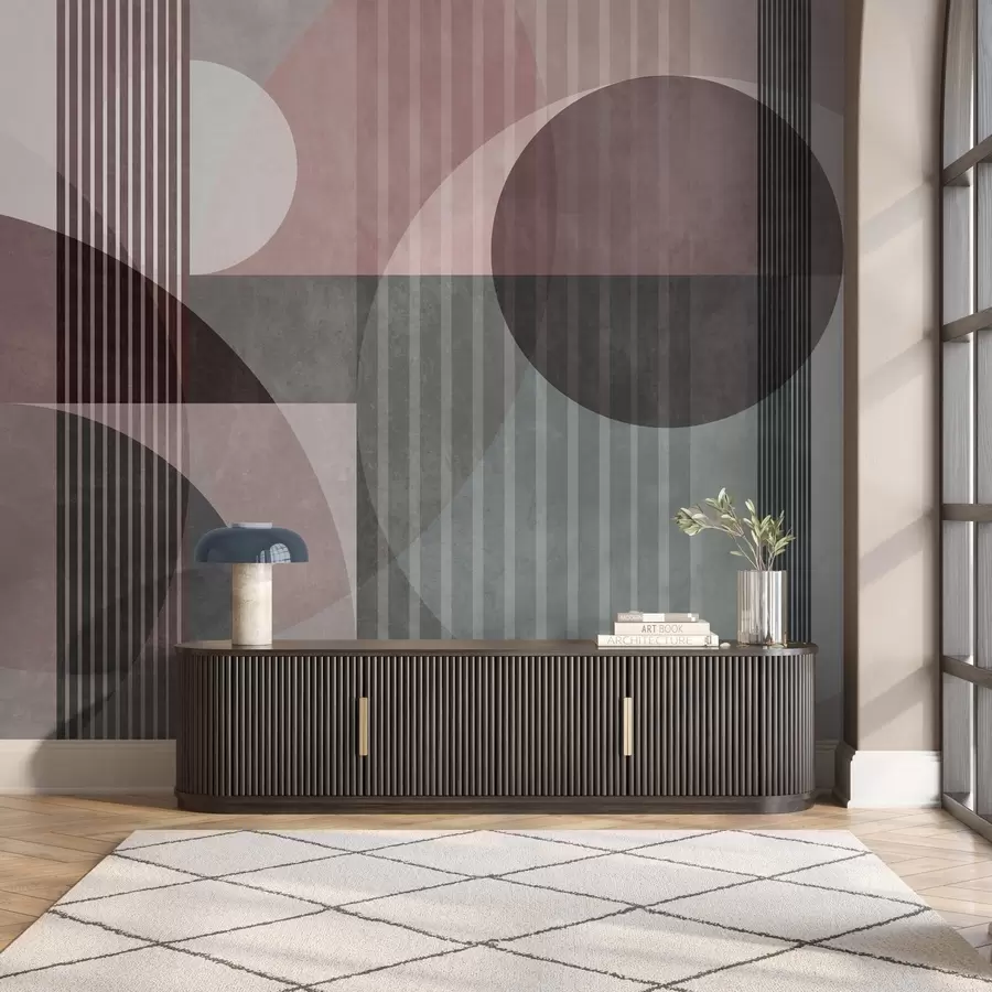 τοιχογραφίες Αφηρημένα γεωμετρικά σχήματα με κύκλους και γραμμές, απαλοί χρωματικοί τόνοι, σύνθεση με υφή και πολυεπίπεδη δομή w09834v1