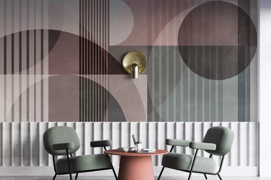 τοιχογραφίες Αφηρημένα γεωμετρικά σχήματα με κύκλους και γραμμές, απαλοί χρωματικοί τόνοι, σύνθεση με υφή και πολυεπίπεδη δομή w09834v1