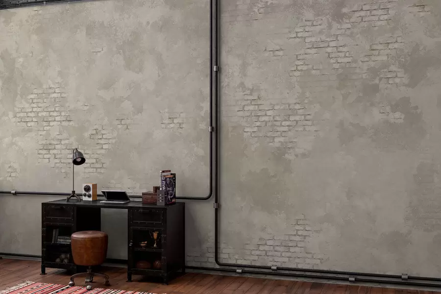 τοιχογραφίες Ελαφρύ σοβά σε στυλ γκράντζ με τμήματα από εμφανή τούβλα w05161v1