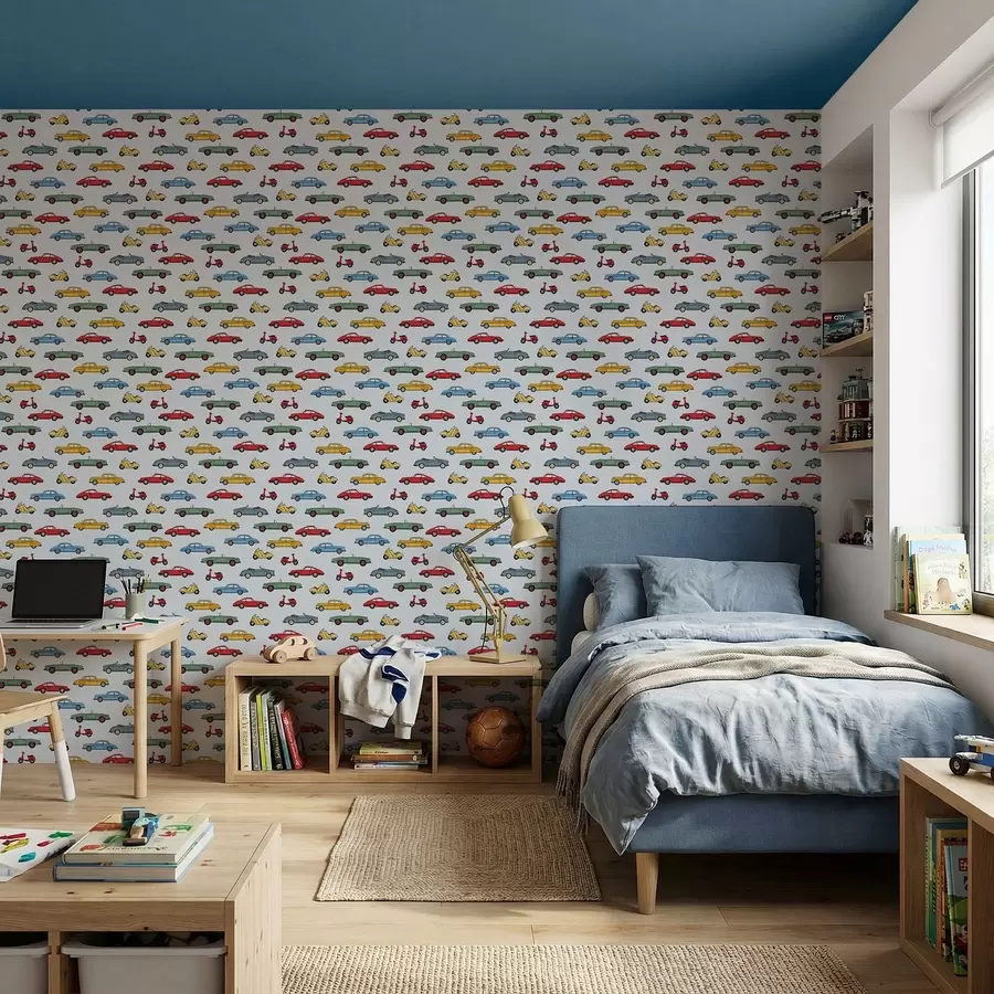 τοιχογραφίες Ρετρό αυτοκίνητα και σκούτερ σε μπλε φόντο a01172v2