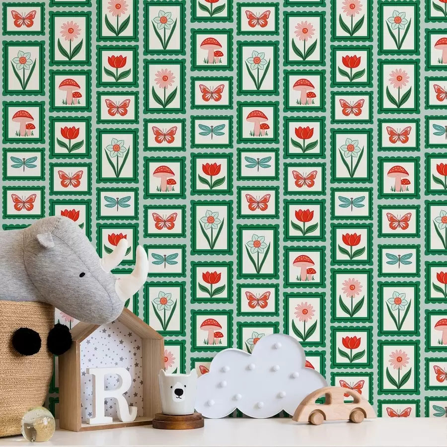 τοιχογραφίες Λουλούδια, μανιτάρια και πεταλούδες σε κορνίζα a01175