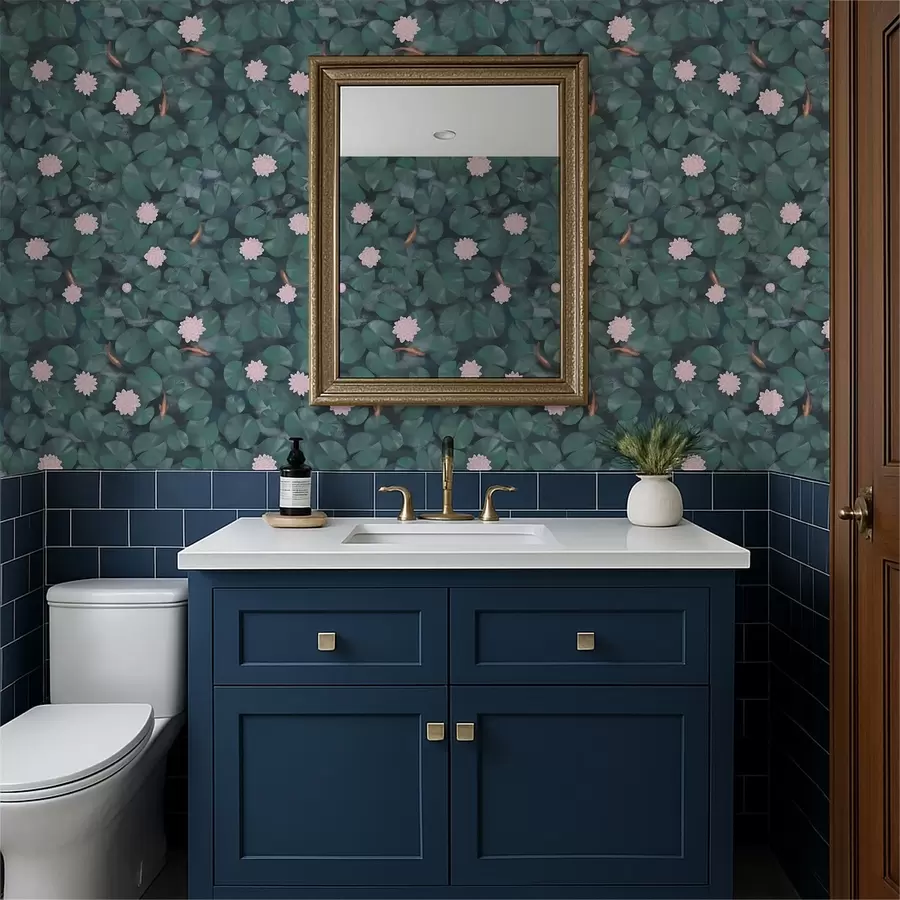 τοιχογραφίες Νούφαρα με λουλούδια και ψάρια σε σκούρο φόντο a01177