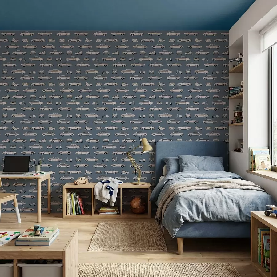 τοιχογραφίες Ρετρό αυτοκίνητα και σκούτερ σε μπλε φόντο a01178