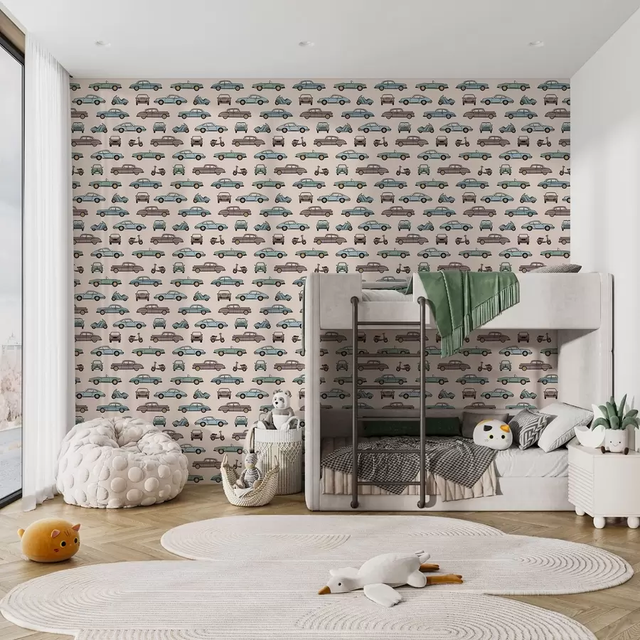 τοιχογραφίες Ρετρό αυτοκίνητα και σκούτερ σε μπεζ φόντο a01178v1