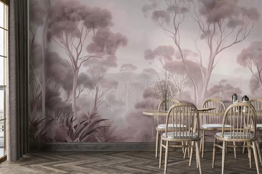 τοιχογραφίες Ένα ομιχλώδες δασικό τοπίο με ψηλούς ευκαλύπτους, με κυματιστούς λόφους κάτω από έναν συννεφιασμένο ουρανό, έργο τέχνης με υφή w09822v1