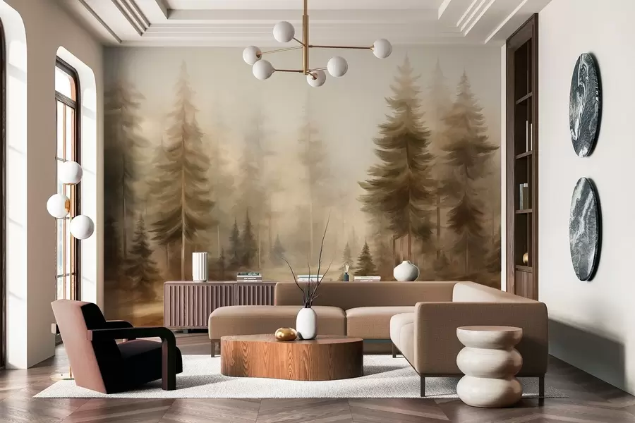 τοιχογραφίες Ένα πυκνό δάσος με ψηλά πεύκα μέσα σε μια ελαφριά ομίχλη, ένα τοπίο με πλούσια υφή w09830