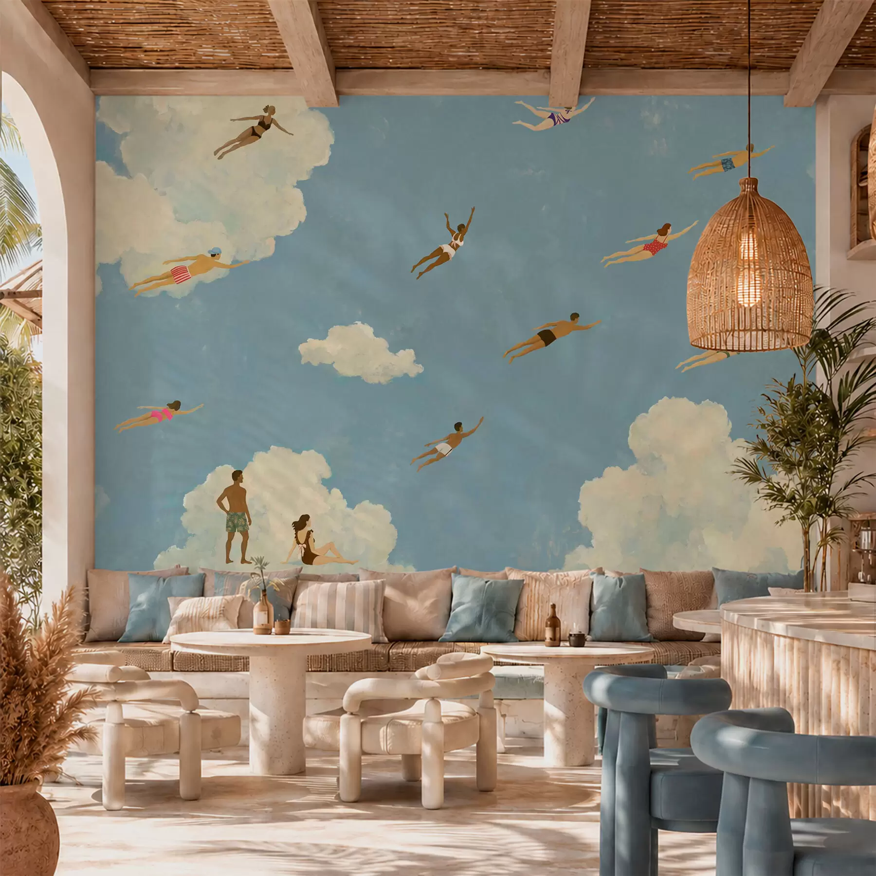 τοιχογραφίες Άνθρωποι που αιωρούνται ανάμεσα στα σύννεφα σε έναν γαλάζιο ουρανό w05628