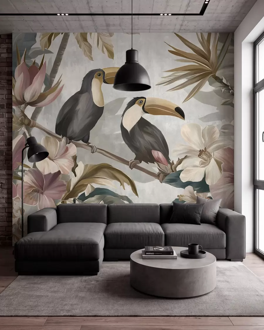 τοιχογραφίες ένα ζευγάρι τουκάν ανάμεσα σε τροπικά λουλούδια και φύλλα w05657