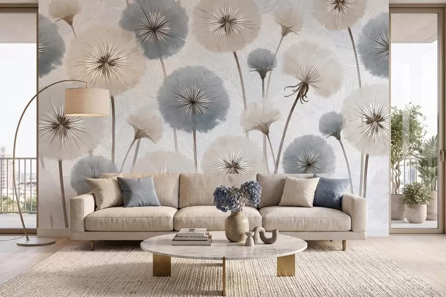 τοιχογραφίες Αέρινα, αφράτα πικραλίδες σε απαλή φυσική χρωματική παλέτα w09936