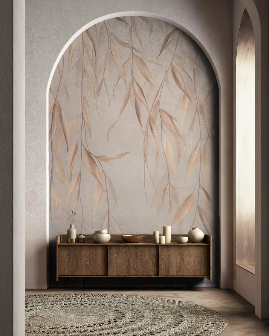 τοιχογραφίες Λεπτά, μακριά, ανοιχτόκαστανα φύλλα κρέμονται από τα κλαδιά πάνω σε ένα φόντο με υφή w09980