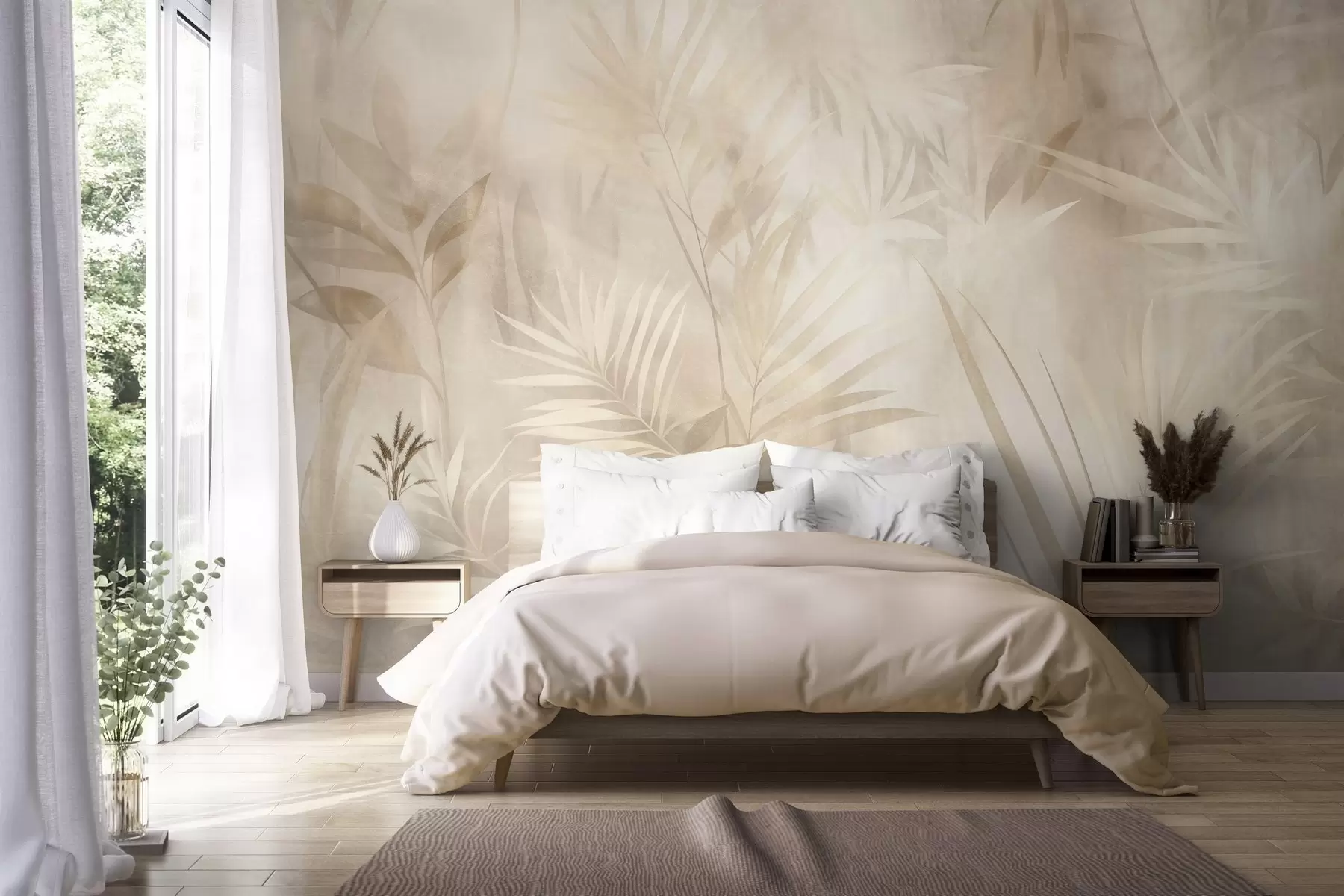 τοιχογραφίες Φύλλα φοίνικα σε απαλές αποχρώσεις του μπεζ και του κρεμ, με απαλό φόντο, τροπική ζούγκλα w10023