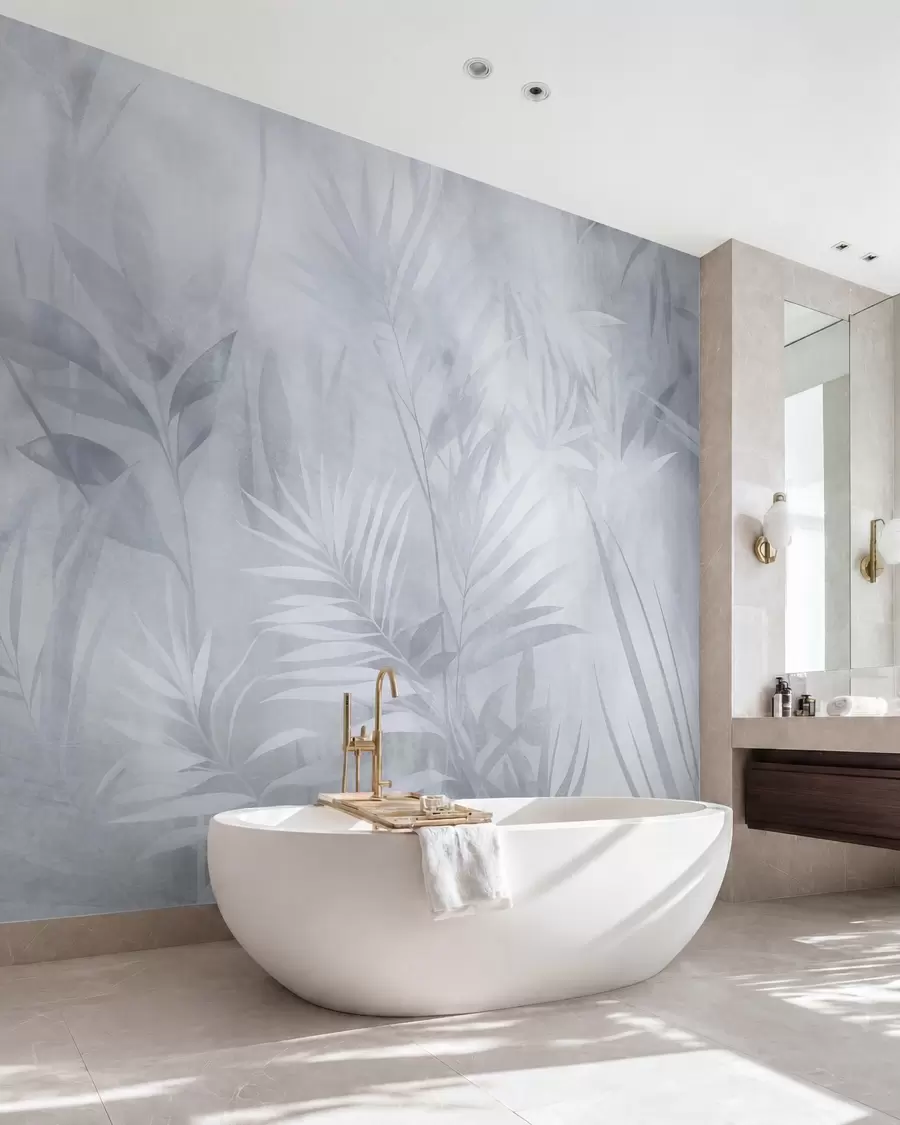 τοιχογραφίες Φύλλα φοίνικα σε απαλές αποχρώσεις του μπλε, με απαλό φόντο, τροπική ζούγκλα w10023v2