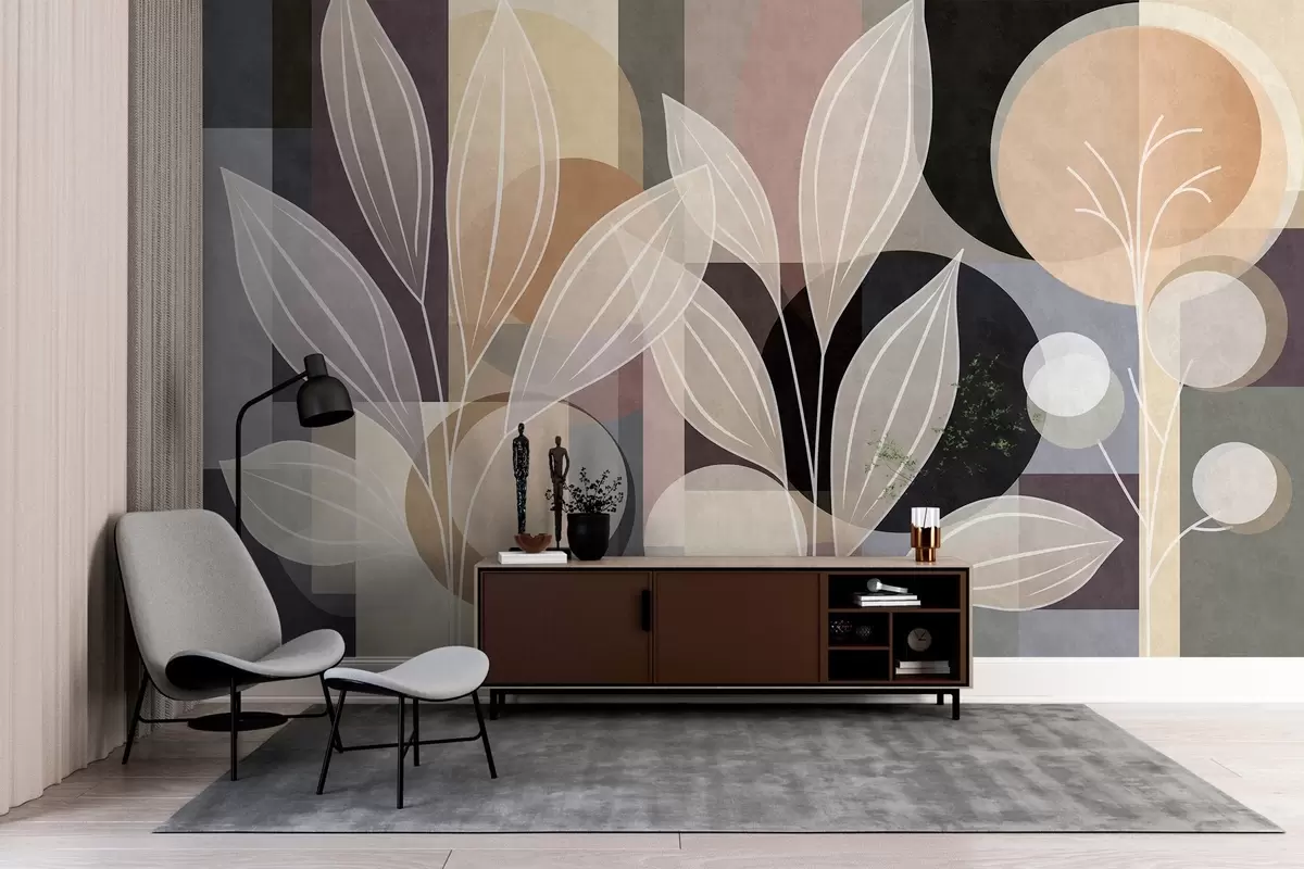 τοιχογραφίες στυλιζαρισμένα φύλλα πάνω σε γεωμετρικό φόντο σε αποχρώσεις του μπεζ και σκούρες αποχρώσεις w05987