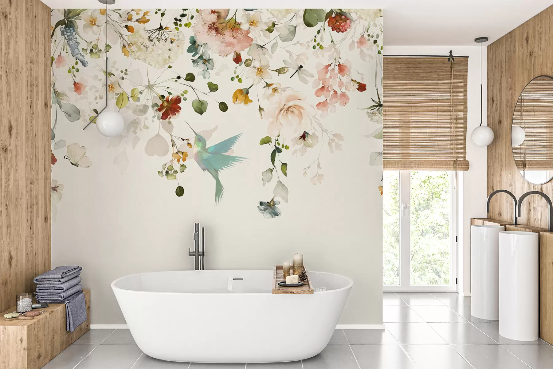 τοιχογραφίες Λουλούδια και κολιμπρί u59610