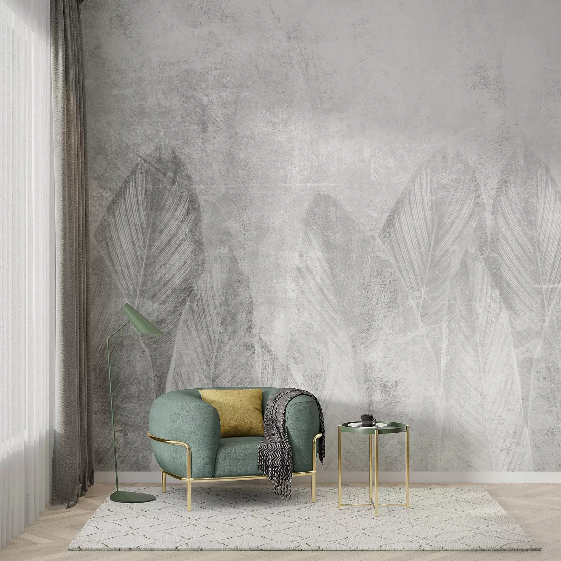 τοιχογραφίες Σύγχρονη διακόσμηση φύλλα φοίνικα σε τσιμεντένιο φόντο u73876