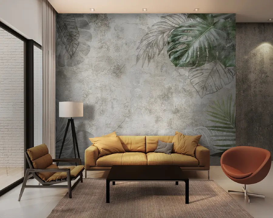 τοιχογραφίες Τροπικά φύλλα σε έναν παλαιωμένο τοίχο u93964