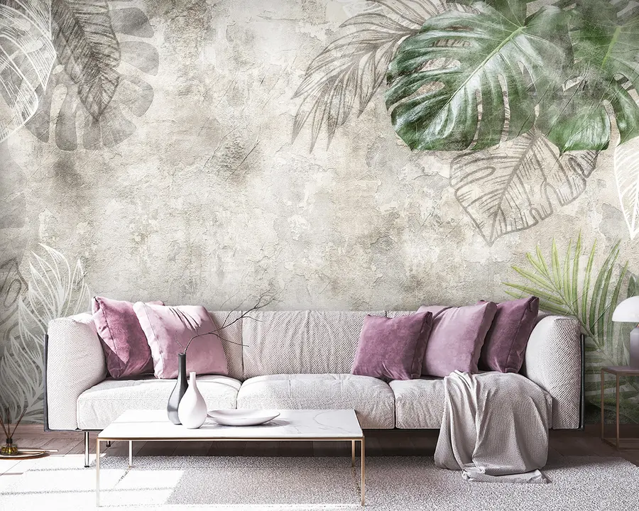 τοιχογραφίες Τροπικά φύλλα σε έναν παλαιωμένο τοίχο u93964