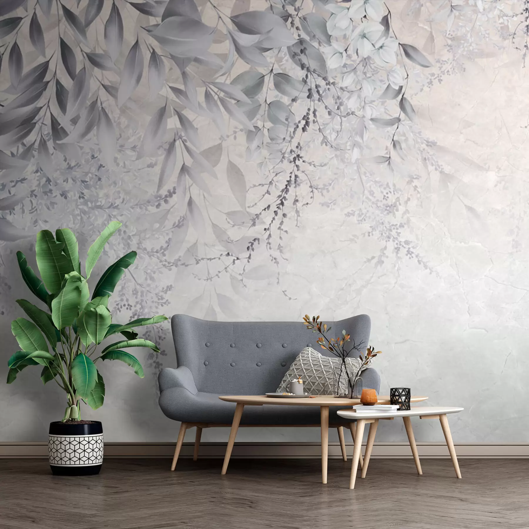 τοιχογραφίες Γκρίζα φύλλα με λουλούδια u94228