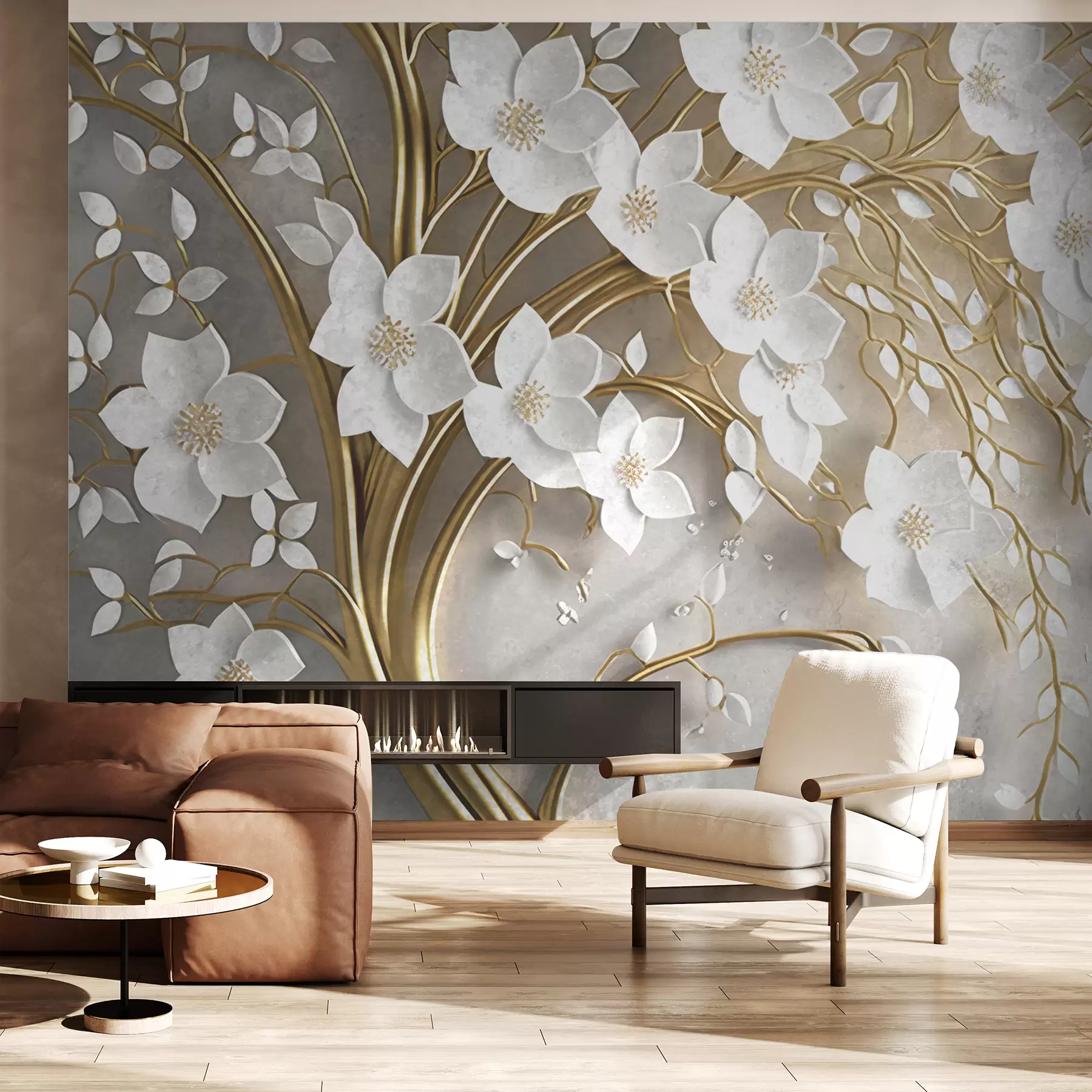 τοιχογραφίες δέντρο με λευκά λουλούδια u94015