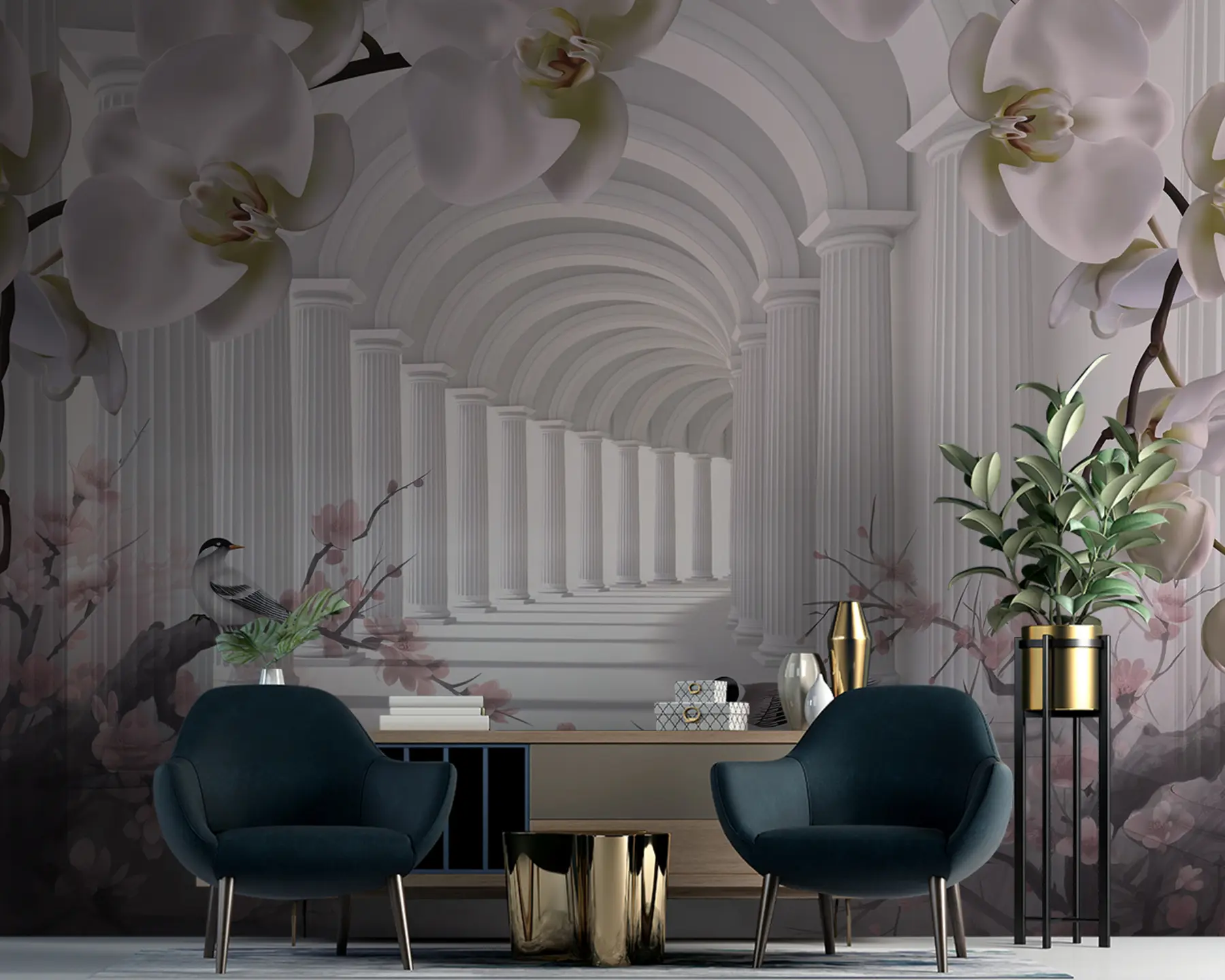 τοιχογραφίες Όμορφη σήραγγα με πουλιά και ορχιδέες u94513