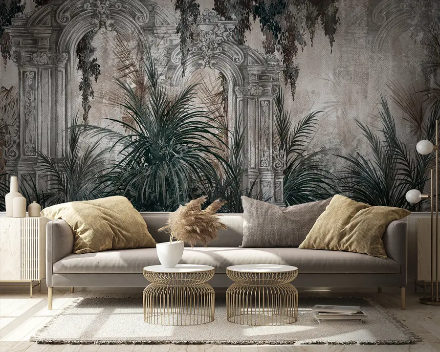 τοιχογραφίες Αρχαία αρχιτεκτονική με τροπικά φύλλα u95500