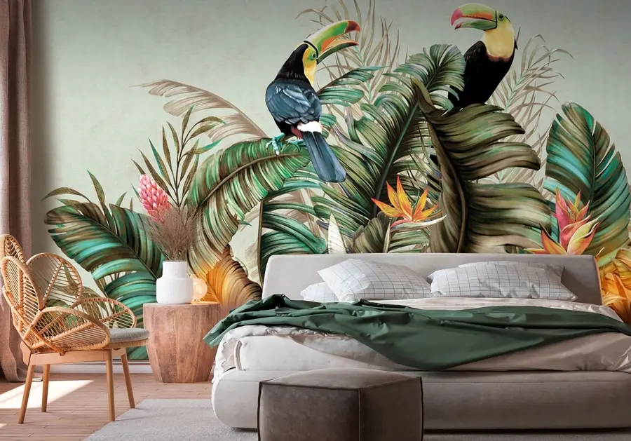 τοιχογραφίες Εξωτικά πουλιά παπαγάλος και τουκάν ανάμεσα σε φύλλα μπανάνας και φοίνικα u95256