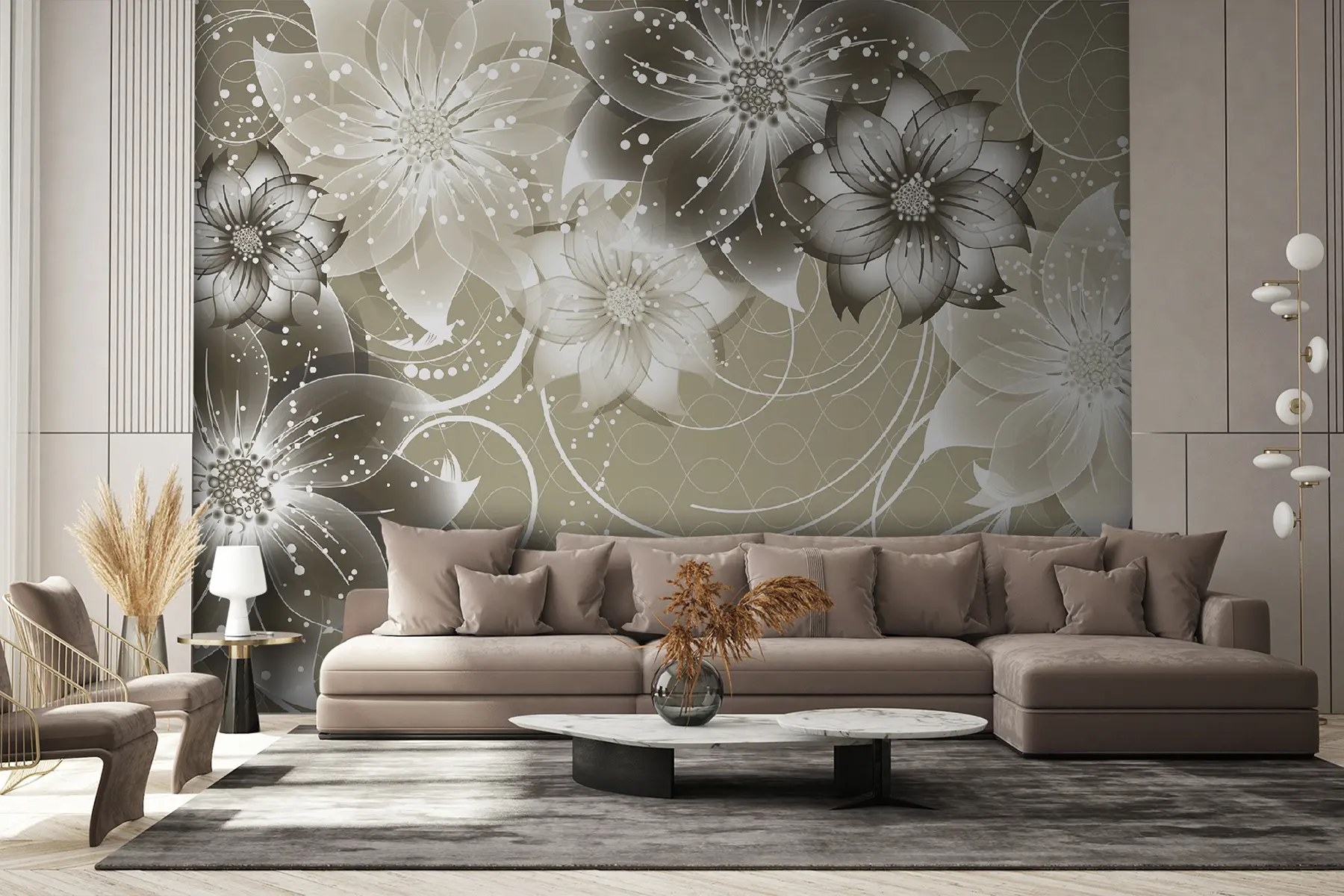 τοιχογραφίες Λευκά λουλούδια σε μπεζ φόντο u17606