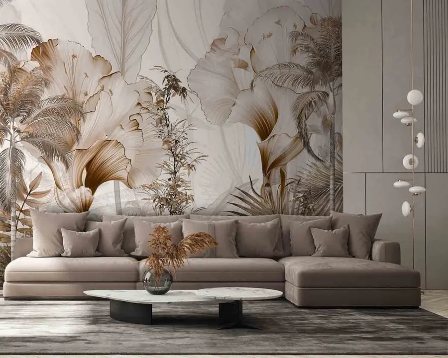 τοιχογραφίες Τροπικά δέντρα και φύλλα σε ένα ομιχλώδες δάσος u96478