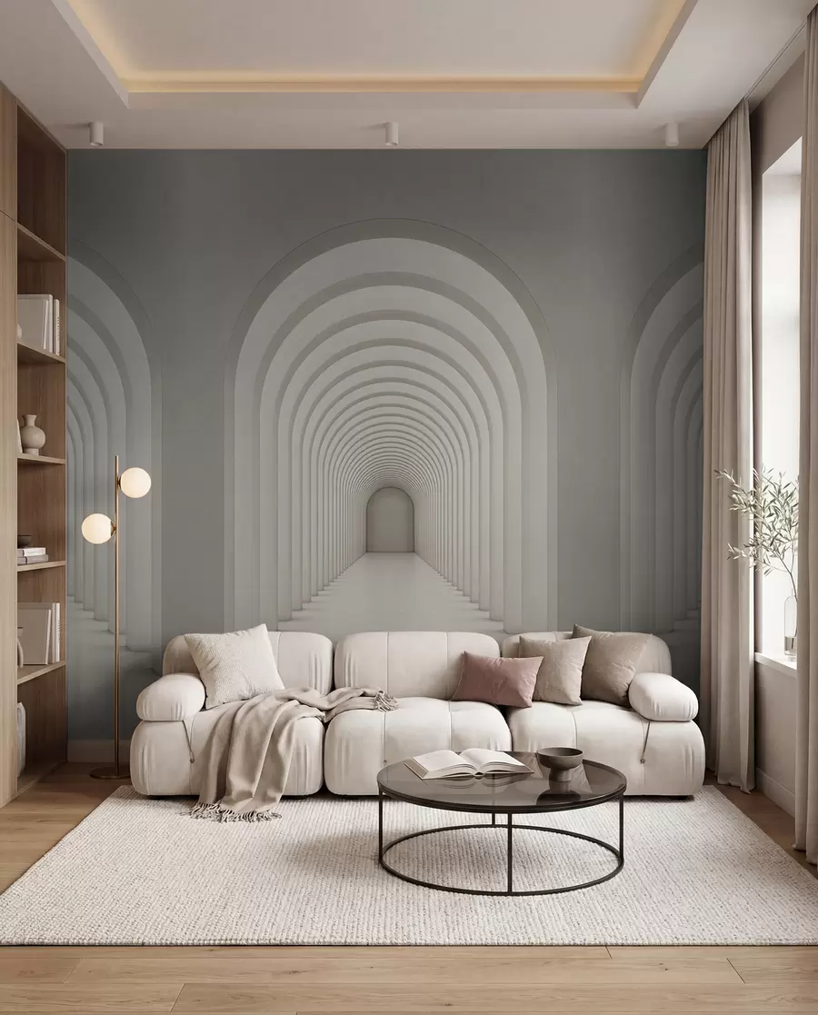 τοιχογραφίες Άσπρη αψίδα από σκυρόδεμα παραταγμένη σε μια μακρά γραμμή με φως u96604