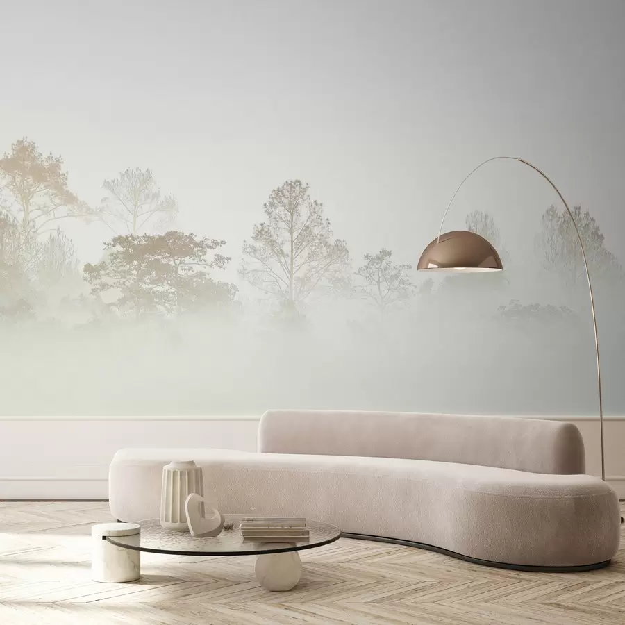 τοιχογραφίες Σιλουέτα ενός άλσους δέντρων στην πυκνή λευκή πρωινή ομίχλη u97405