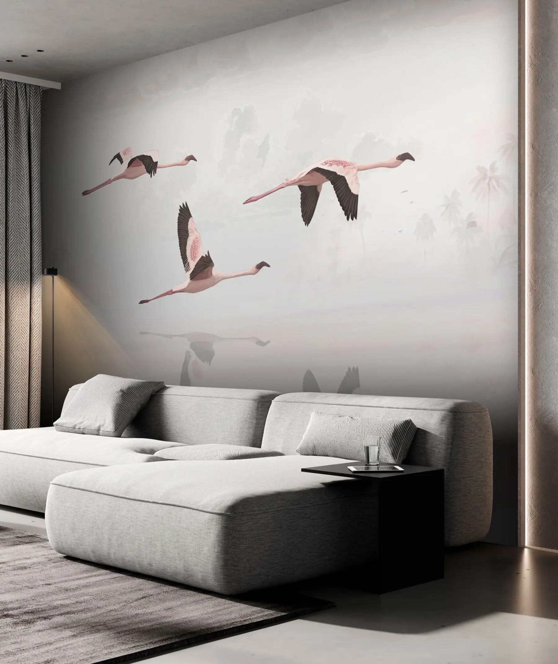 τοιχογραφίες Ροζ φλαμίνγκο πάνω από την παραλία και τη θάλασσα της τροπικής ζούγκλας u97457