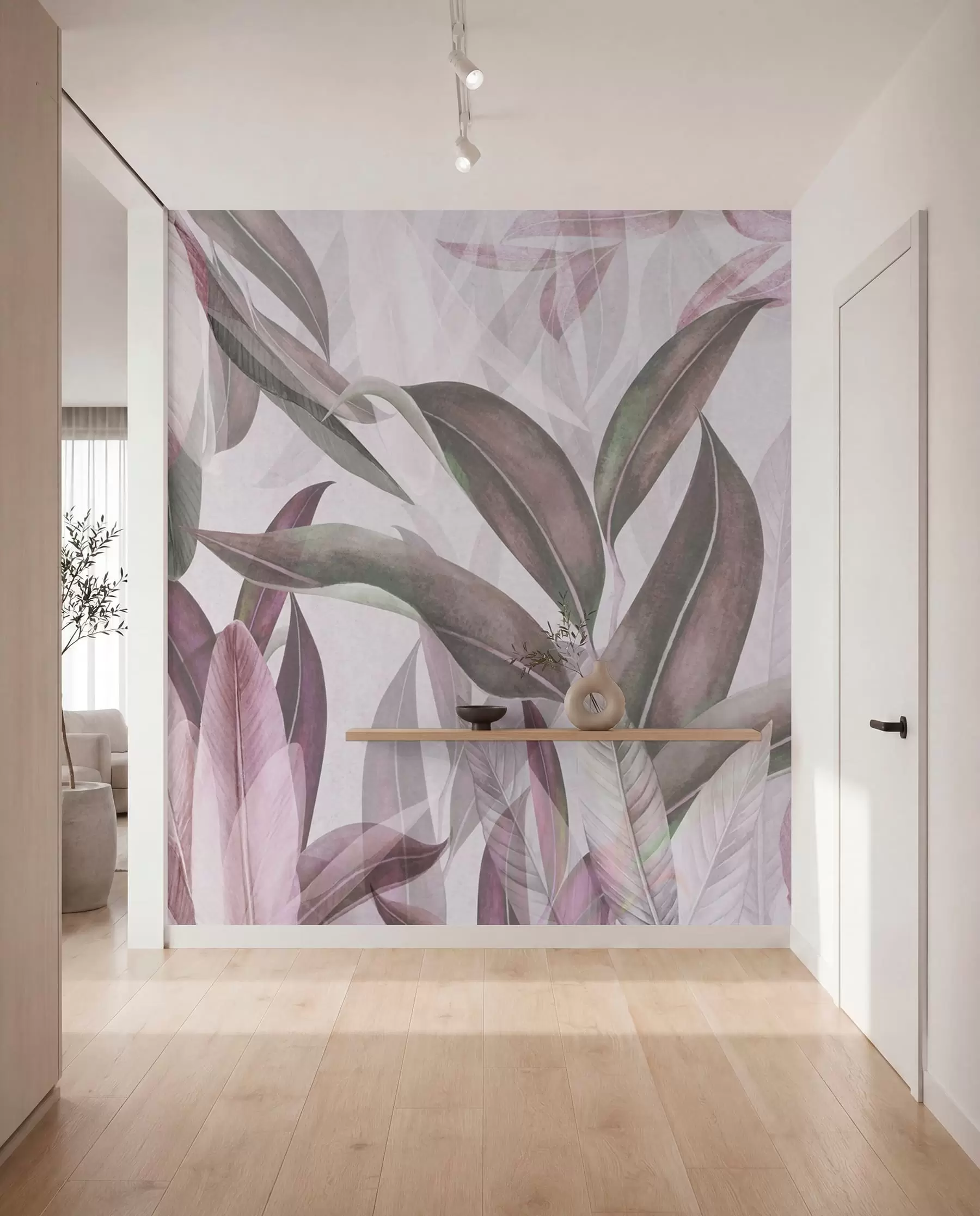 τοιχογραφίες Πράσινα και ροζ φύλλα φοίνικα σε μοβ χρώματα u94302v3