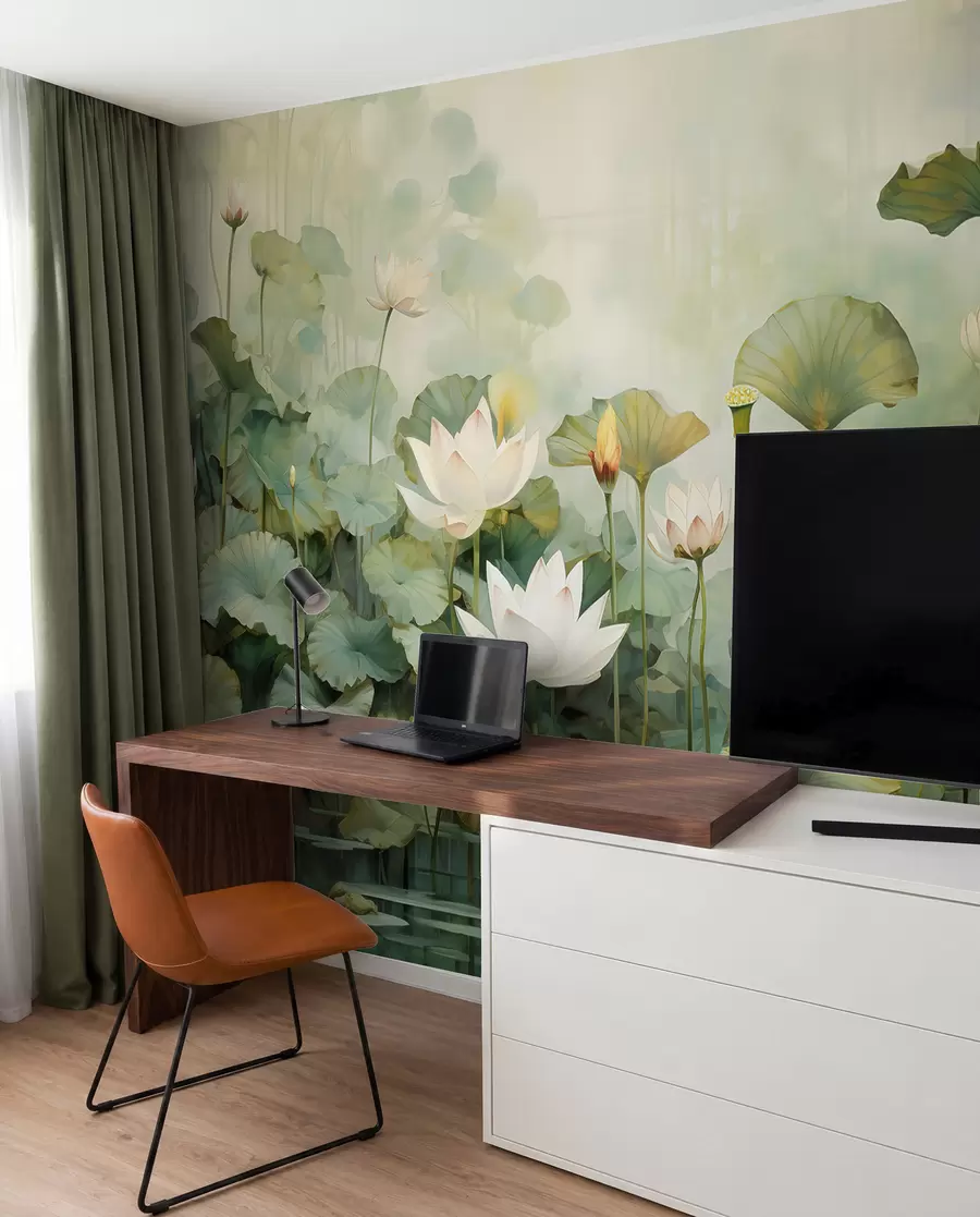 τοιχογραφίες Λίμνη λωτών σε απαλό πράσινο u99454