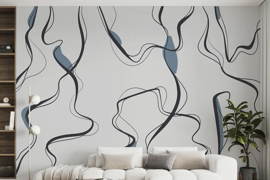 τοιχογραφίες Μελάνι σχέδιο τέχνης, αφηρημένο μοτίβο, γεωμετρικές γραμμές, γκρι και μπλε u99659