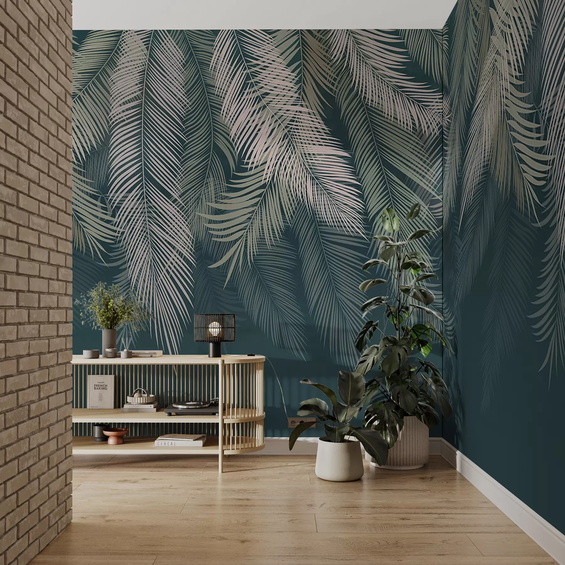 τοιχογραφίες Φύλλα φοίνικα σε σκούρο πράσινο φόντο u48556v2d2